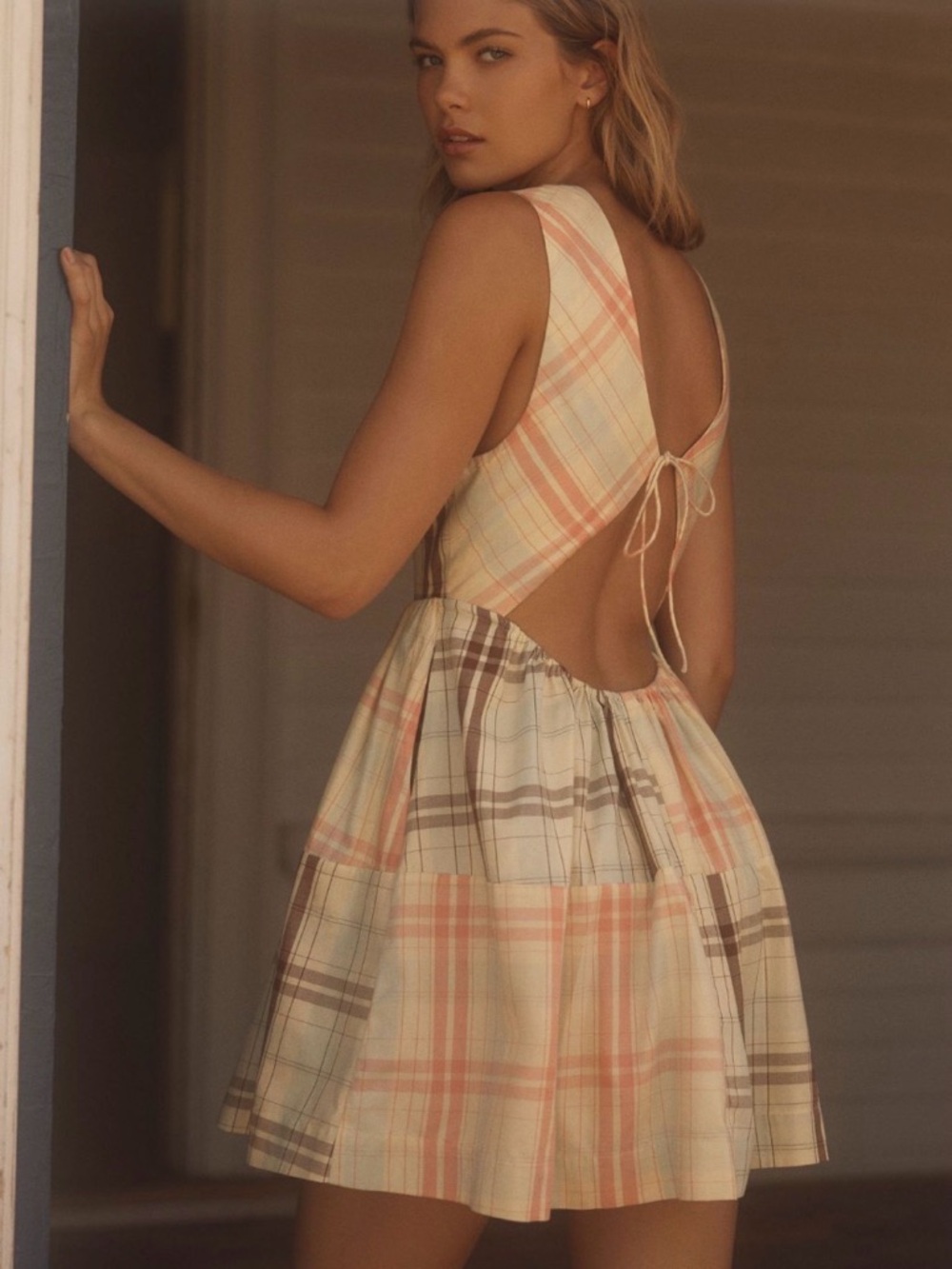 Anthropologie Sleeveless Plaid Sundress in Peach, Cream, Light Blue, and Brown